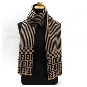 FENDI Zucca Print Wool 100% Scarf Beige Black